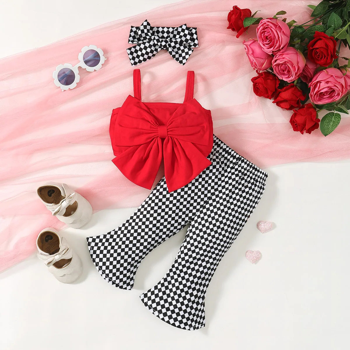 2024 Baby Girl Clothing Set Summer Newborn Baby Girl 3 - 24M Red Bow Strap Top Checkered Print Flared Pants Toddler Outfit