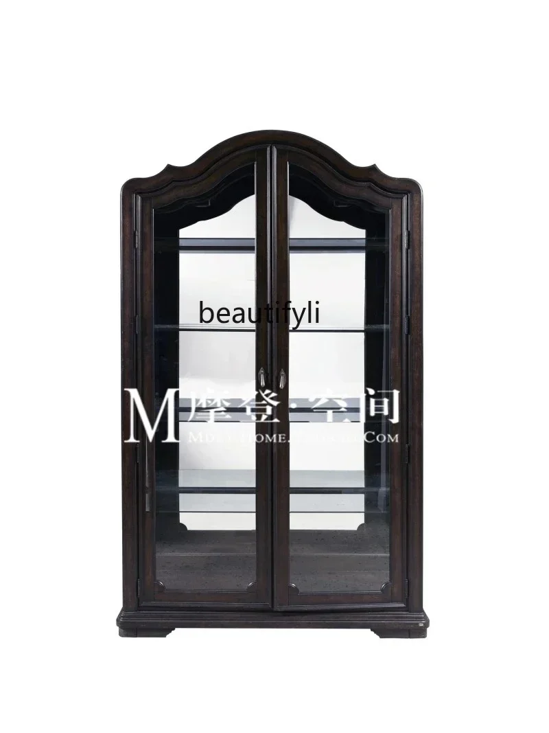 

X European solid wood glass door dining side cabinet French antique and old, American oak living room display, display cabinet