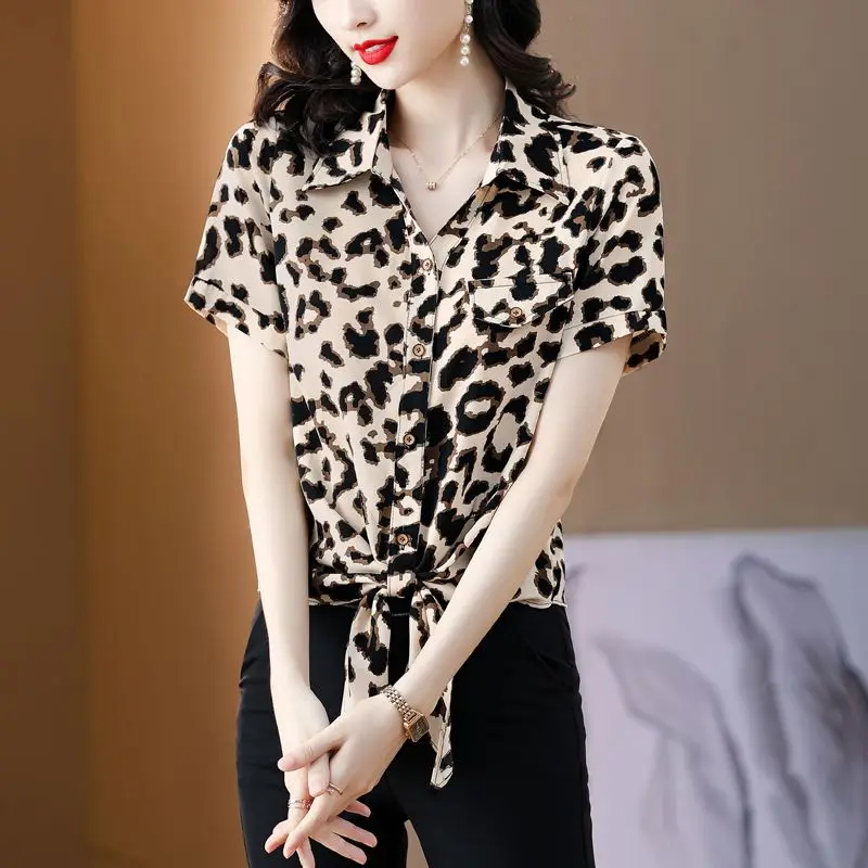 office lady Stylish Leopard Printed Blouse Female clothing Casual Single-breasted Elegant Bandage Bow Summer new Polo-Neck Shirt