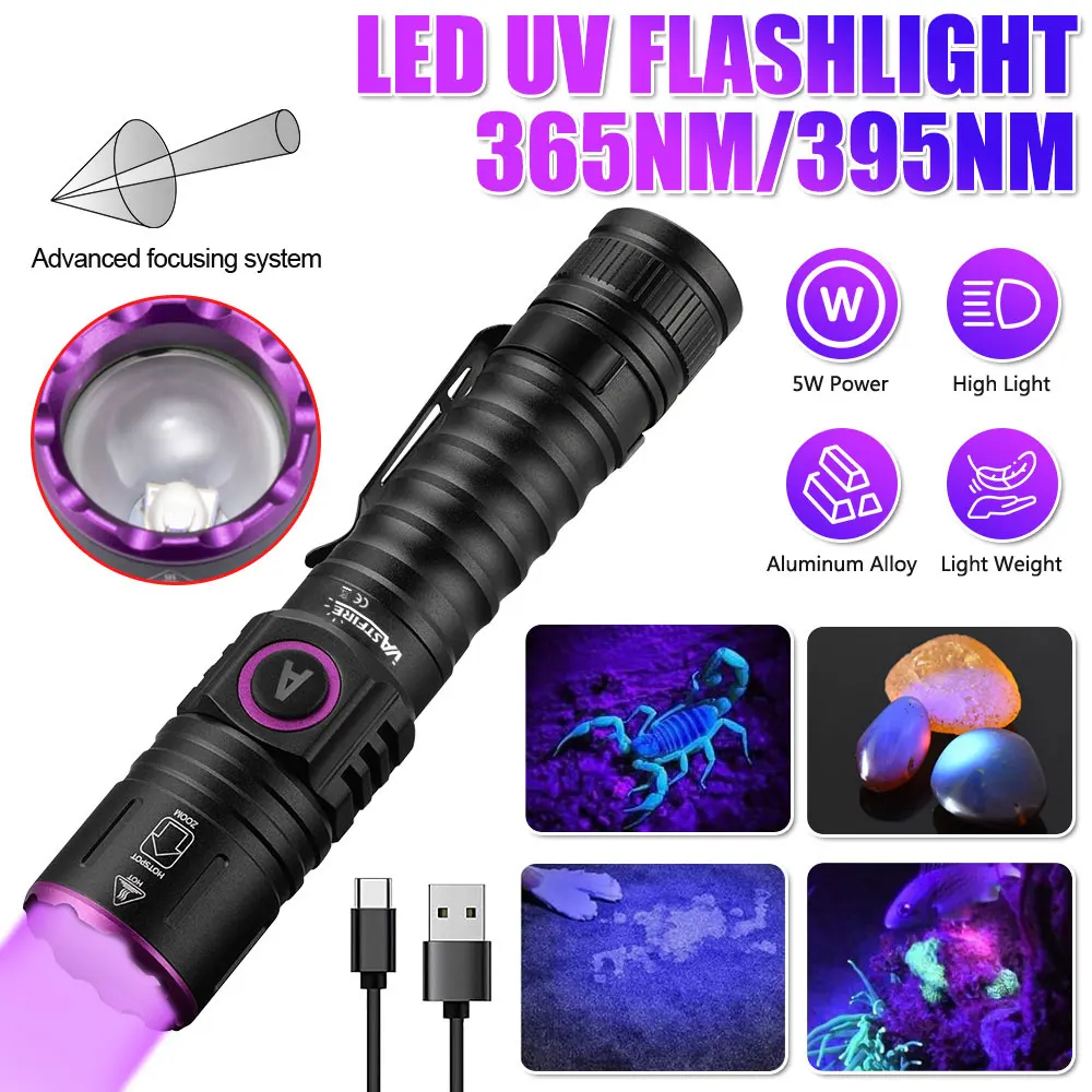

Высокомощный УФ 395/365 нм USB перезаряжаемый фонарик для кошек, собак, мочи, руды, денег, скорпиона, флуоресцентный маркер, фиолетовый свет