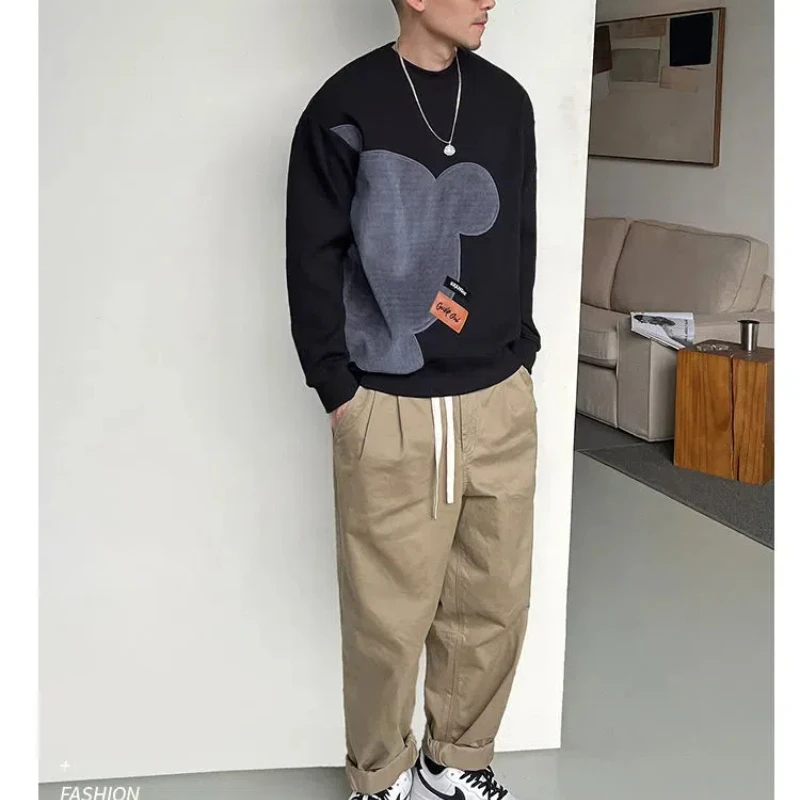 

Autumn Winter American Patchwork Round Neck Men's 2024 Minimalist Casual Loose and Versatile Casual Long Sleeved Sweatshirts