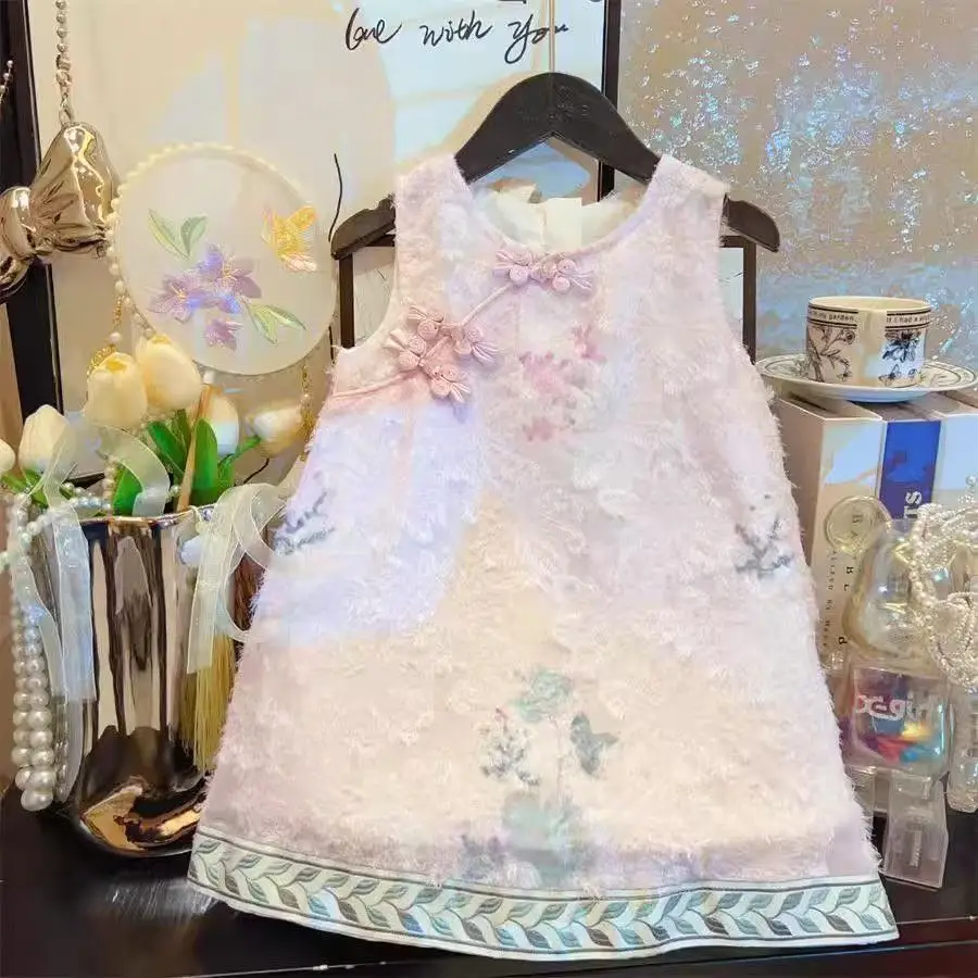 

Pink Sweet Chinese Style Cheongsam Round Neck Flower Printed Sleeveless Dress for Girls Aged 2-7 Summer 2026 New