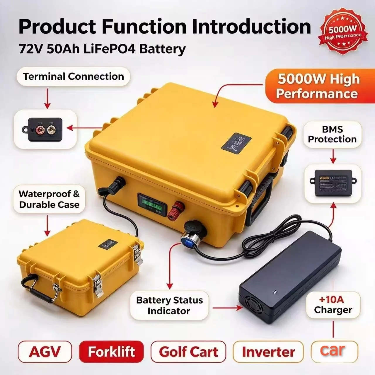72V 50Ah lifepo4 high performance lithium battery with 80A 150A BMS safety for 5000W AGV forklift golf cart inverter car