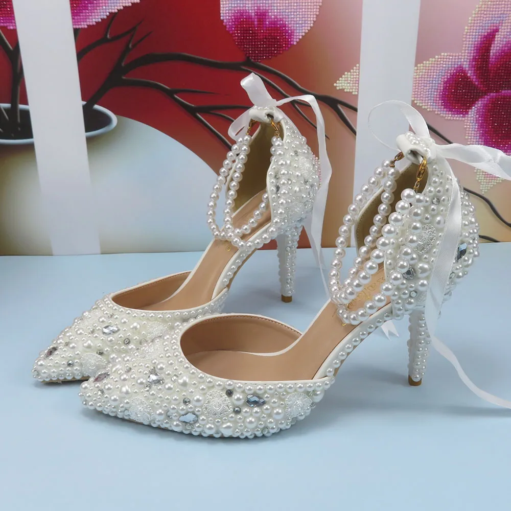 High Heel White Pearl Wedding shoes Bride Ladies high Ankle Strap shoes woman Fashion Pointed Toe Party Dress shoes Lace-Up