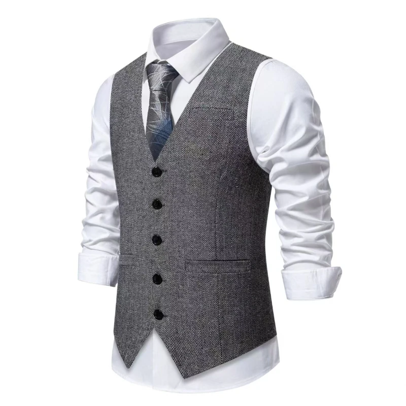 Dark Gray Herringbone Tweed Suit Vest for Men,business Casual Retro Single-breasted Herringbone Pattern Men's Waistcoat Eur Size