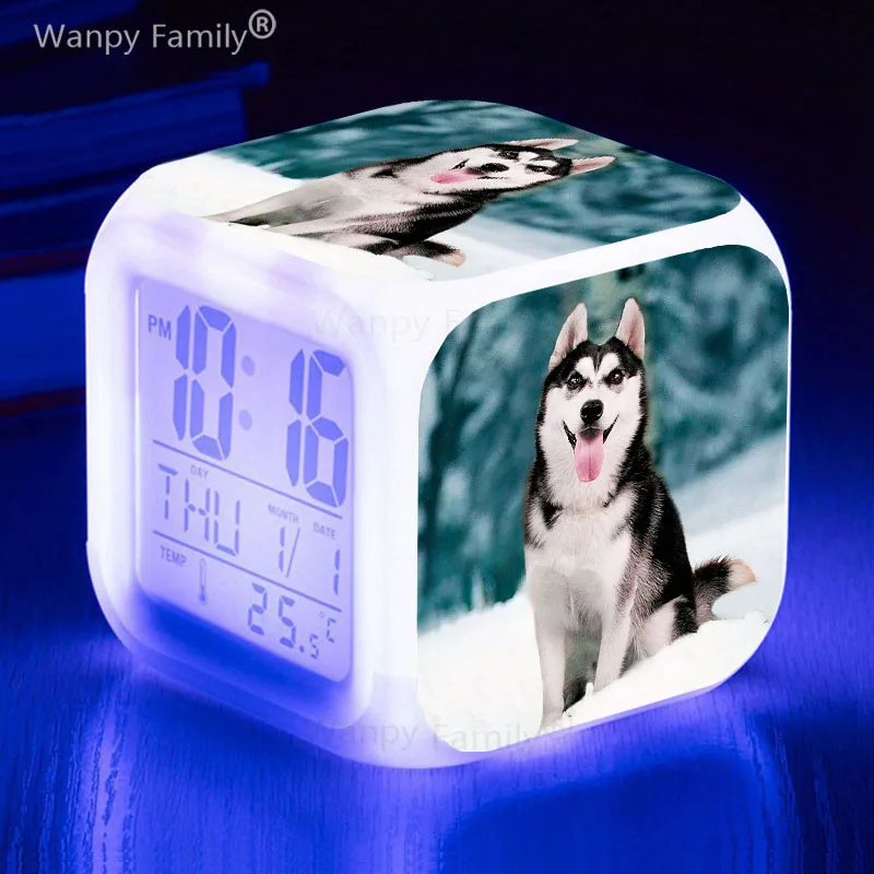 New Poster Siberian Husky Digital Alarm Clock Touch Sensing 7Color Changing Wake Up Timer Student Room Multifunction Desk Clock