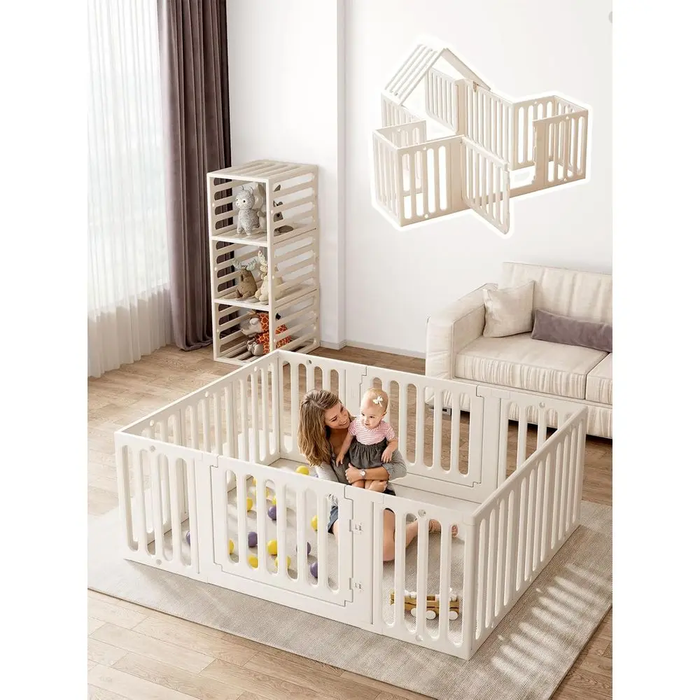 12パネルの白いプラスチック製ベビーサークル、幼児用、屋内/屋外遊び場、66x51