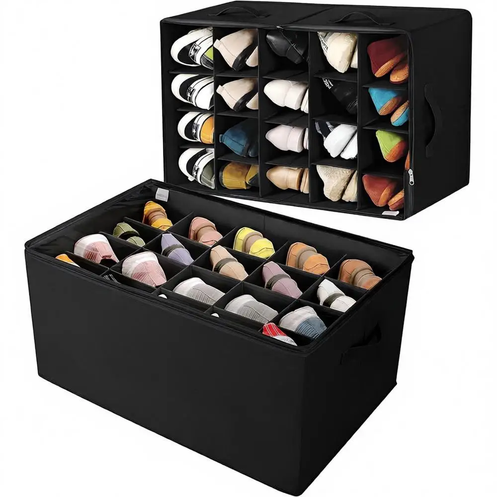 

Shoe Organizer, 2 Pack, Collapsible Shoe Box, Adjustable Divider, Clear Cover, Space Saving, Shoe Storage Cabinet, Reinforced Ha