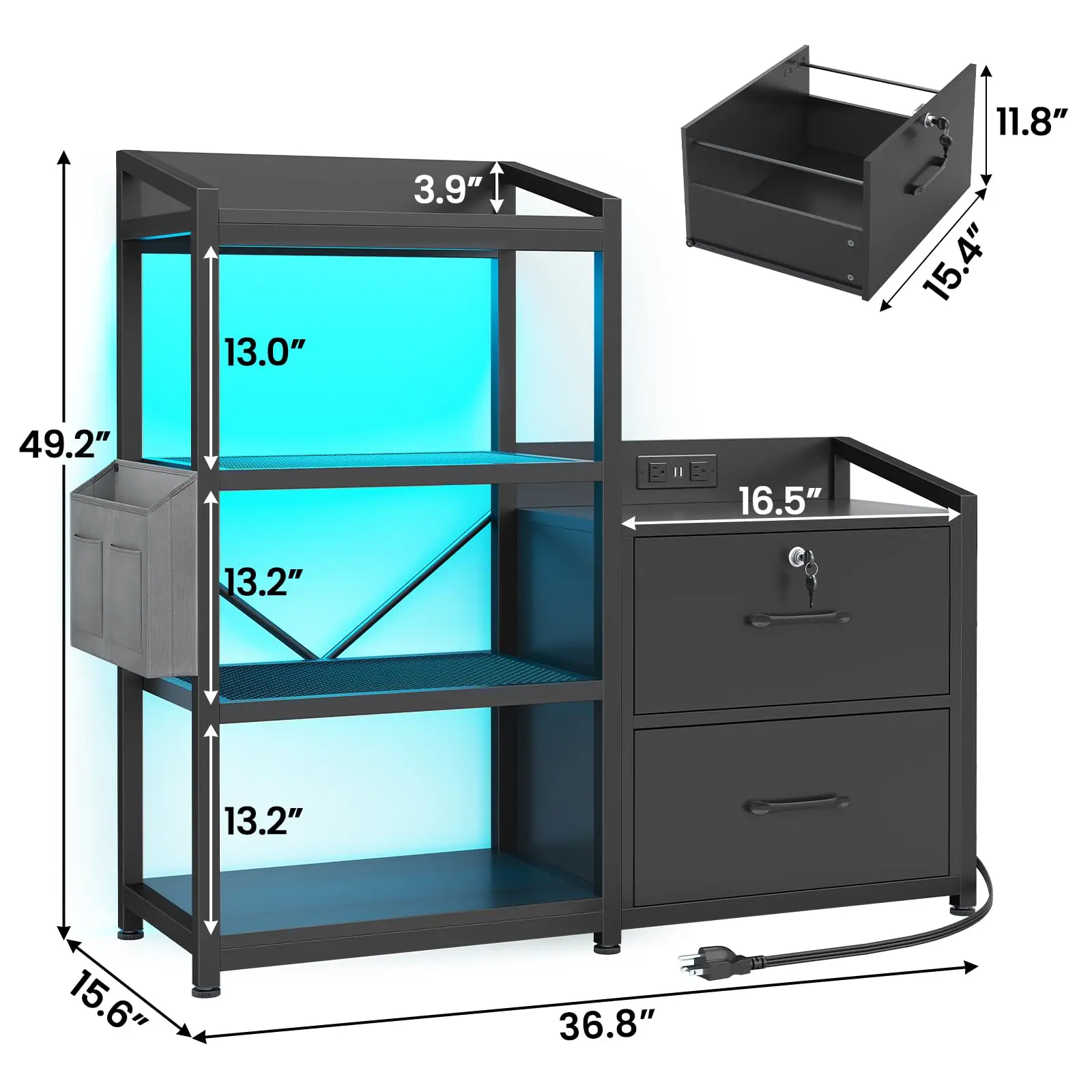 35.4” File Cabinet, Filing Cabinet fits Letter/A4 Size, 2 De File Cabi for Home Office with Power Strip, LED Lights