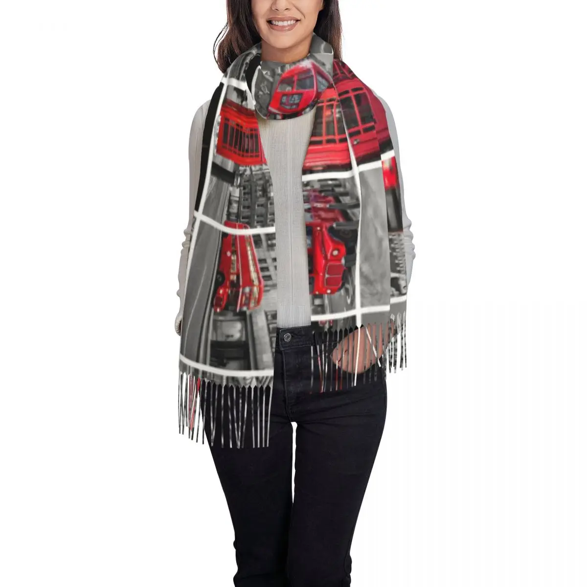 Womens Scarf with Tassel So British Long Winter Fall Shawl and Wrap London Bus Red Print UK Vintage Gifts Cashmere Scarf