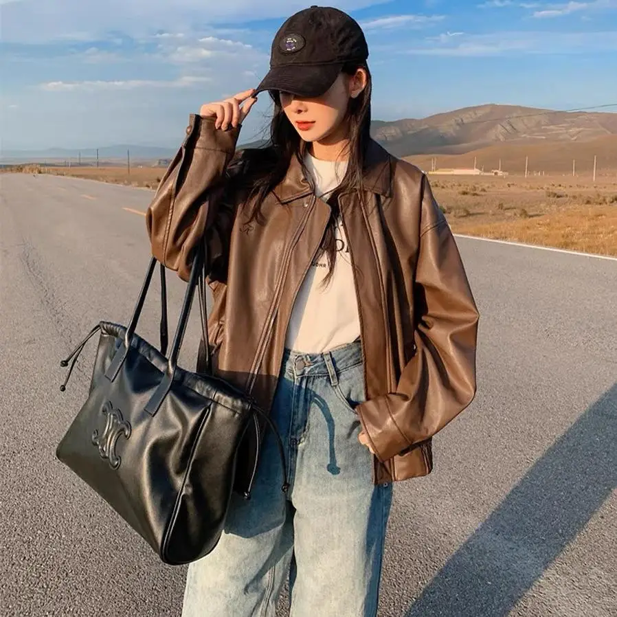 Retro Brown Leather Jacket Women's Hong Kong Style New Spring Autumn High Loose American Retro Motorcycle Jacket Top