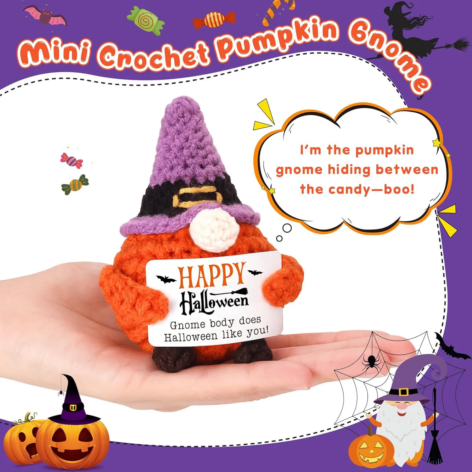 Funny Positive Crochet Gnome Dolls Emotional Support Handmade Knitted Gift for Friend Home Party Office Halloween Decoration