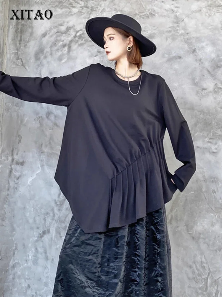 XITAO Asymmetrical Folds O-neck Solid Color T-shirts Pullover Loose Slimming All Match Tops 2024 Autumn New Casual DMJ5023