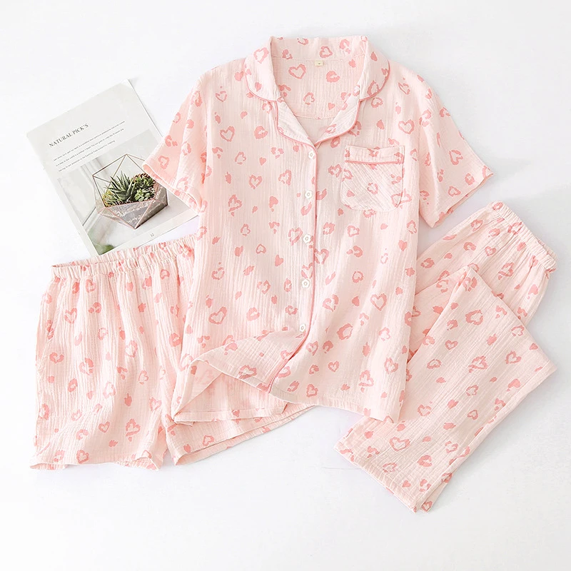 

Women's 3-Piece Pajama Set, Crinkle Cotton Gauze, Lapel Short Sleeve + 2 Bottoms, Breathable All-Season Loungewear