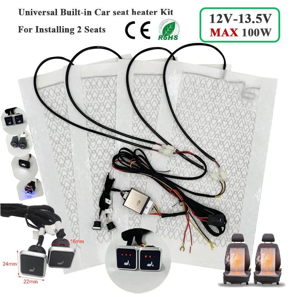 Assento de carro universal inverno kit de aquecimento embutido para 2 assentos 12v 100w almofada de aquecimento de fibra de carbono com sistema de interruptor de controle de 3 níveis