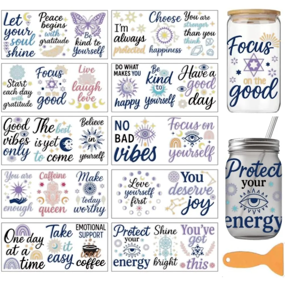 10 Sheets Divination Theme UV DTF Cup Wrap for 16OZ Glass Moon Butterfly Coffee Rainbow Patterns Rub
