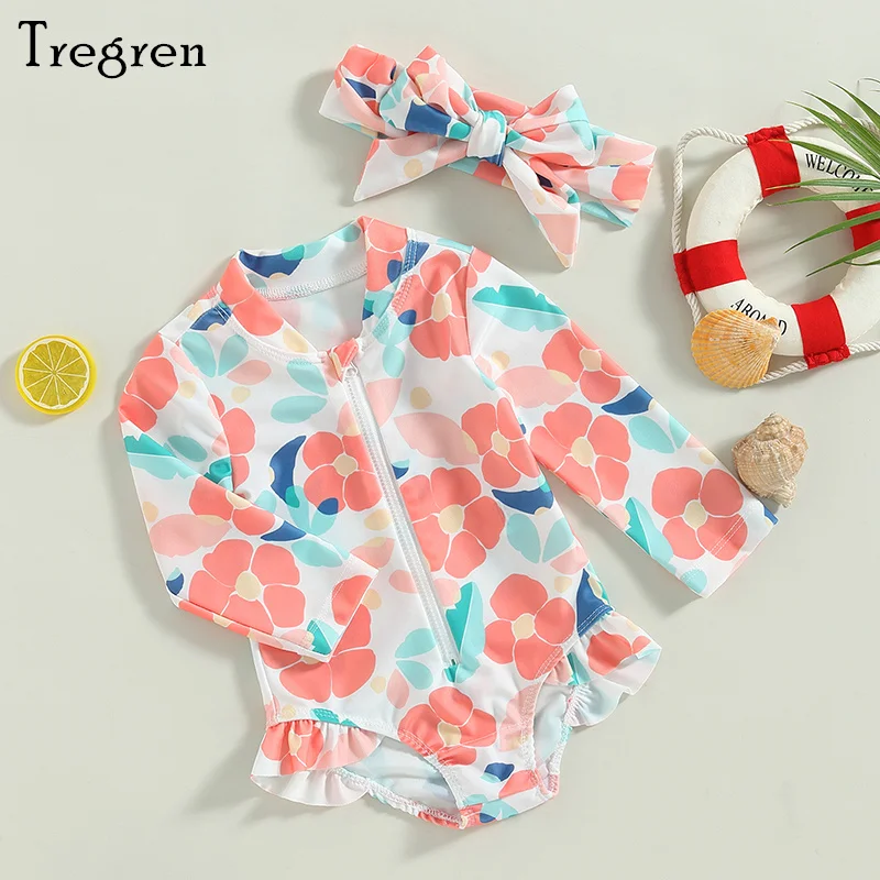 

Tregren Toddler Girls Summer Romper Swimsuit Long Sleeve Floral Print Swimwear Bathing Suit + Headband Beachwear Kids Monokini