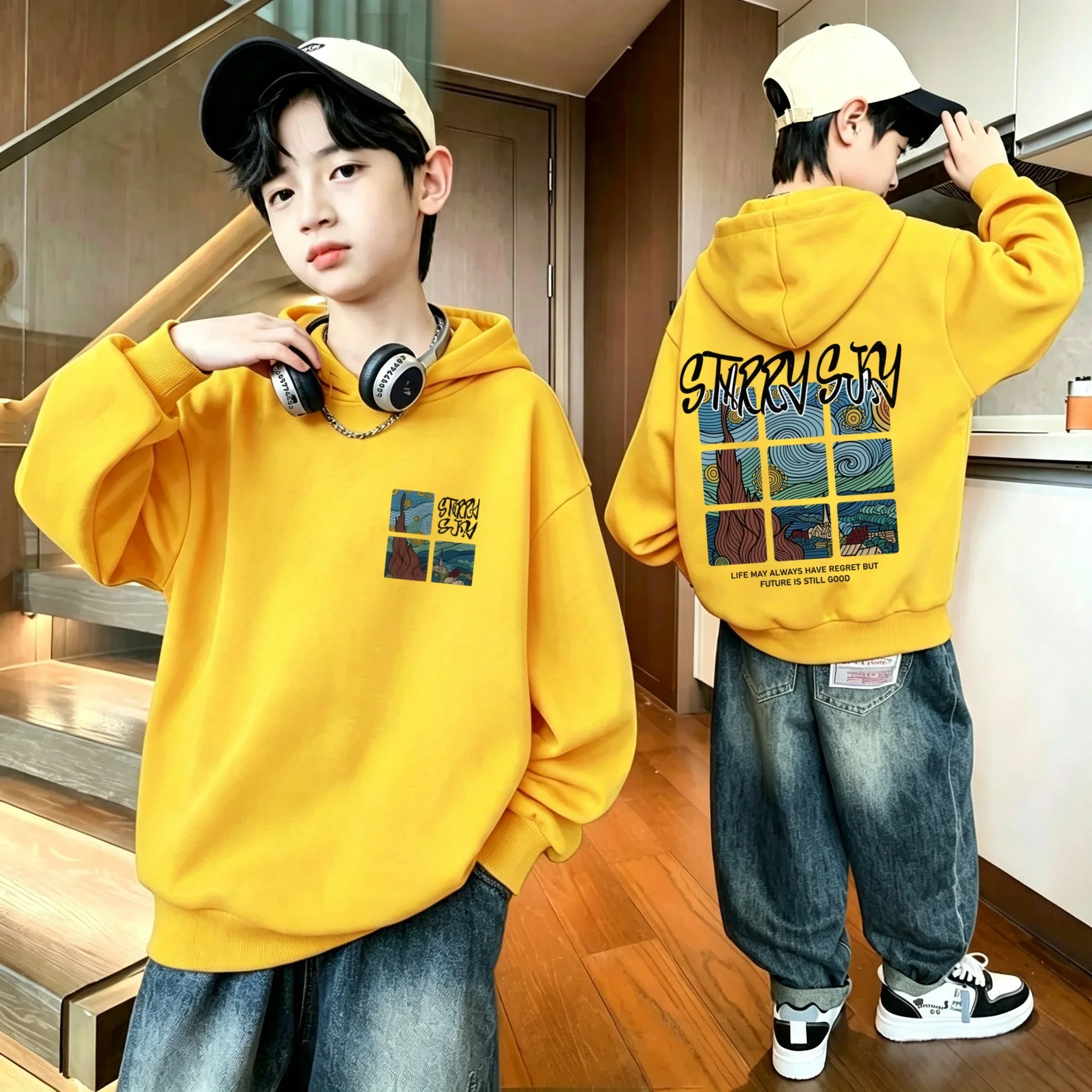 Latest model Retro Van Gogh Starry Night Art Square Print Children's Hooded Sweatshirt Daily Sports Pullover Sweater
