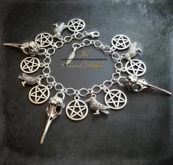 Raven Skull Bracelet, Gothic Crow & Pentagram Charm Bracelet, Morrigan Goddess Witch Bracelet, Pagan Bird Bracelet