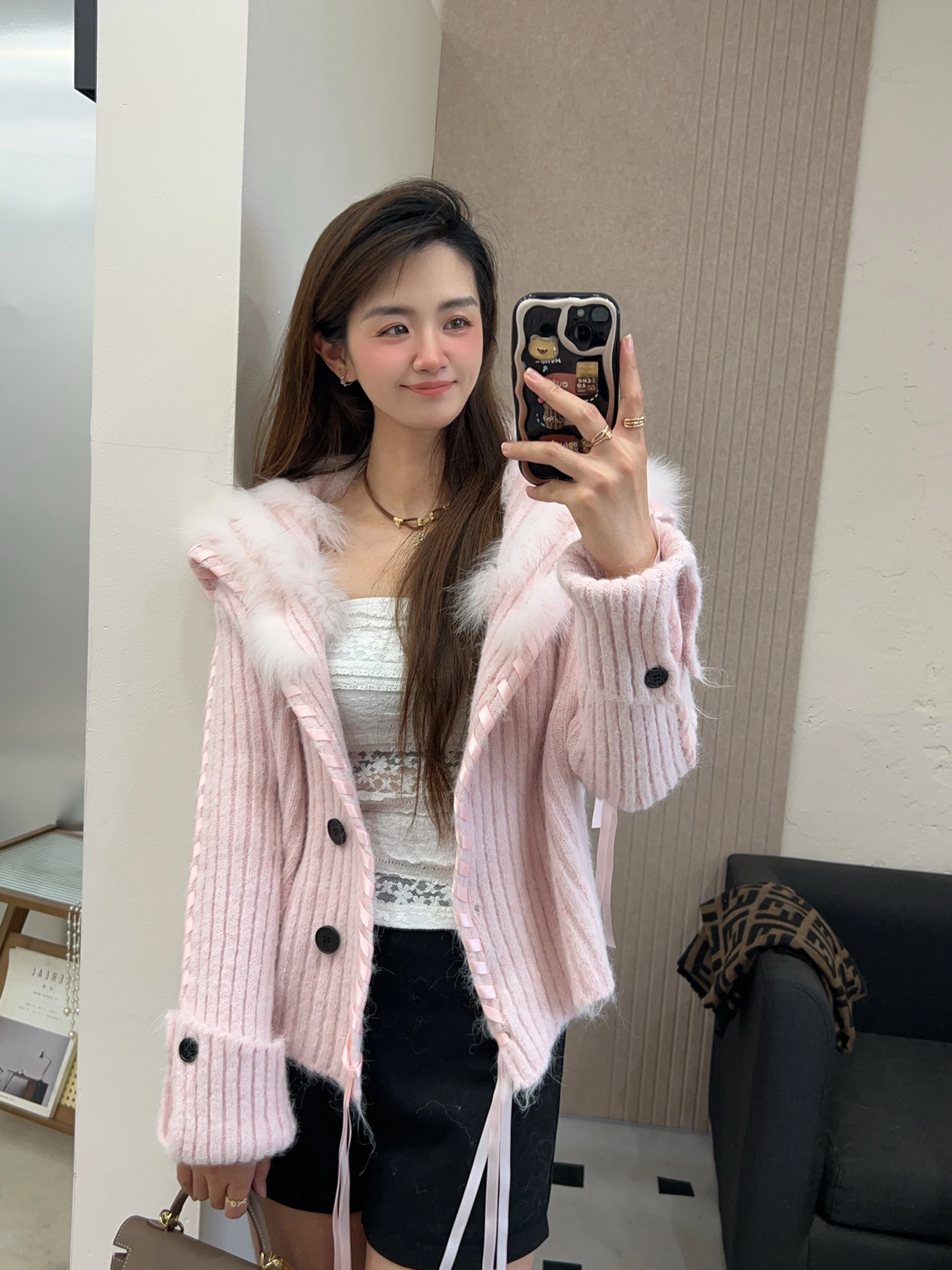 

2025 New Big Collar Fox Hair Car Stripe Navy Collar Cardigan Sweater Knitted Coat