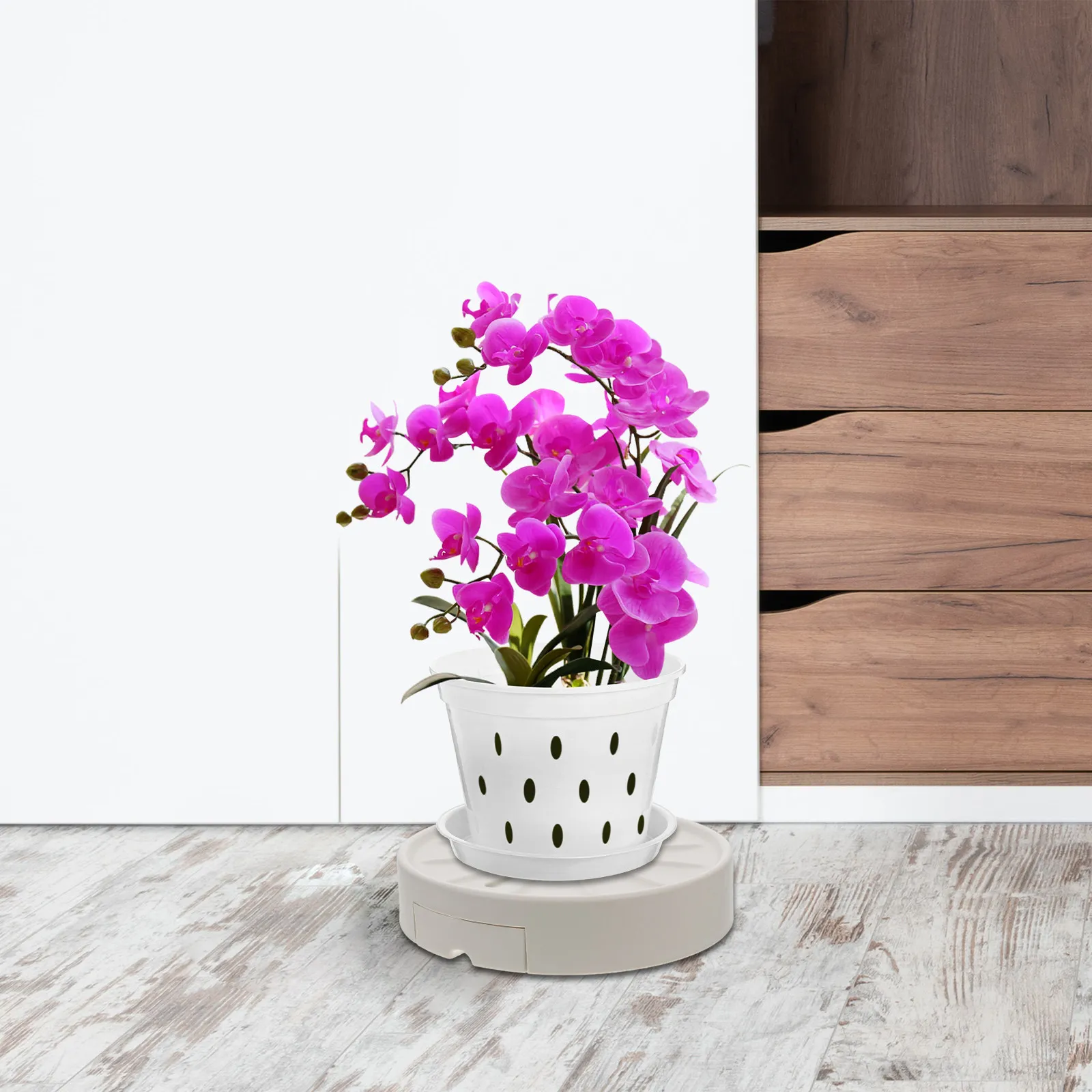 Rolling Mobile Flower Pot Tray Round White Plant Saucer with Water Catcher Drawer Ventilated Design Indoor Flower Pot Holder