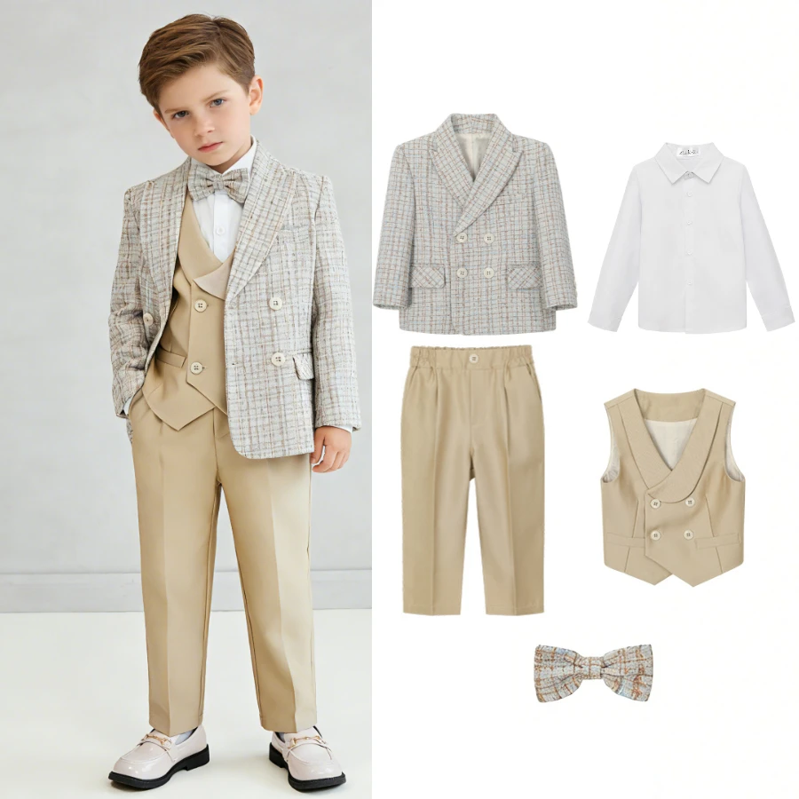Boys Double Breasted Plaid Tweed Suit Set Kids Formal Blazer Vest Pants 3 Piece Outfit for Wedding Birthday Piano Performance