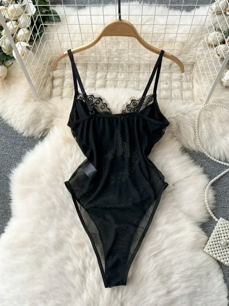 Foamlina Đen Gợi Cảm Ren Sheer Bodysuits Cho Phụ Nữ Thời Trang Đồ Phối Dây Cổ Chữ V Hở Lưng Xem Qua Bodysuits Cao Cấp