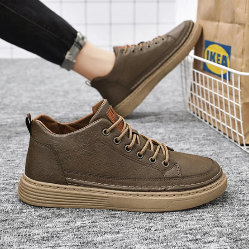 Classic Vulcanized Shoes for Men Luxury Casual Leather Shoes Men Comfor Lace Up Sneakers Fashion Men's Walking Shoes Ankle Boots