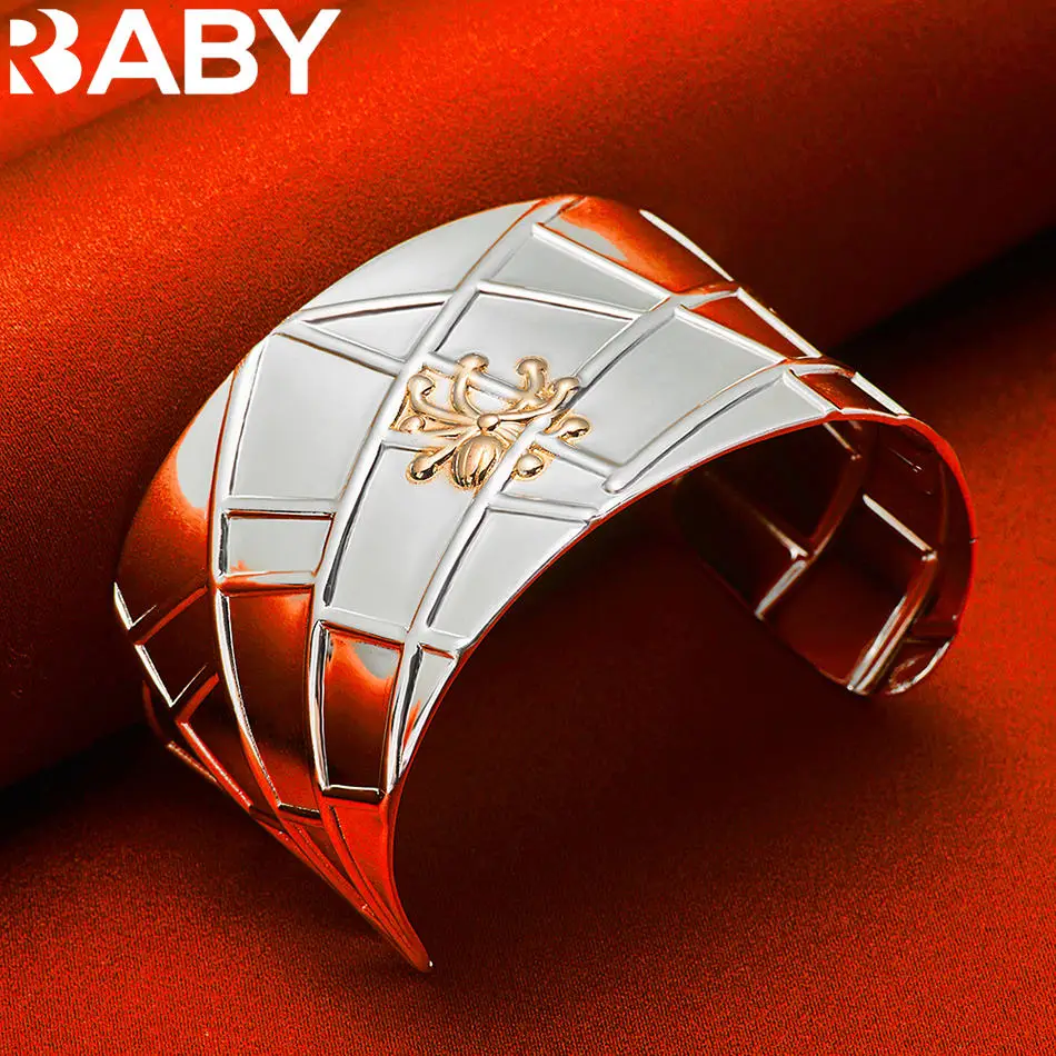 

URBABY 925 Sterling Silver 6cm Flower Geometry Bangle Open Bracelet For Women Fashion Jewelry Exquisite Party Accessories Gift
