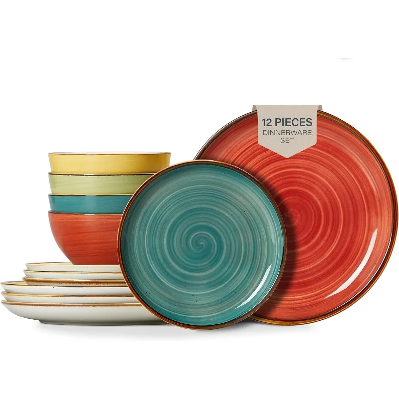 Oven & Dishwasher Safe Porcelain Dinnerware Set - Scratch Resistant, Ceramic Dish Set for 4(12pcs) - Assorted Colors