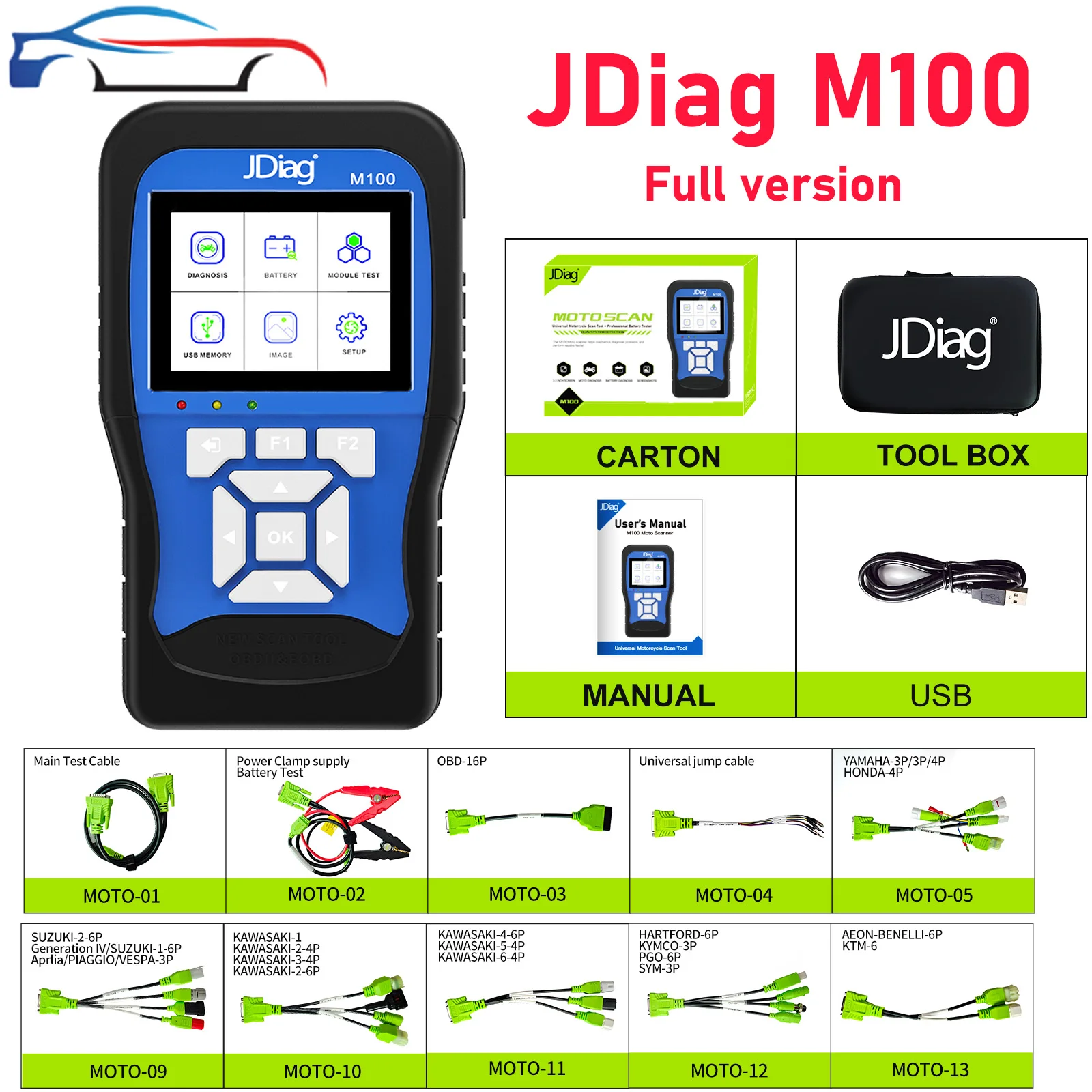 JDiag M100 Moto Scanner for Hartford, Aeon, Honda, SYM, Yamaha, Suzuki, Kymco, Kawasaki, Piaggio, PGO, KTM Motorbike Code Reader