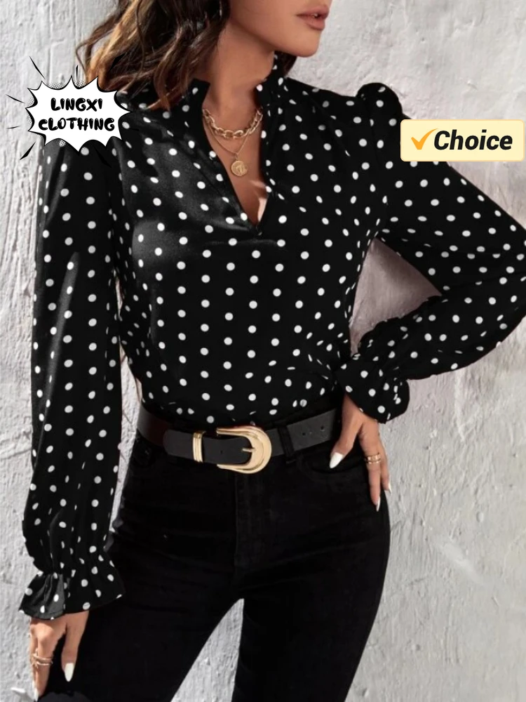 2024 Summer Fashion New Women\'s Youth Elegant Professional Style V-neck Polka Dot Long Sleeved Casual Chiffon Girl\'s Shirt