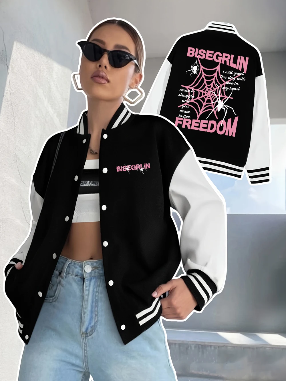 Spider Web Pink Y2K Prints Baseball Coat Womens Street Loose Jackets Winter Fleece Warm Comfortable Tops Casual Pocket Clothes