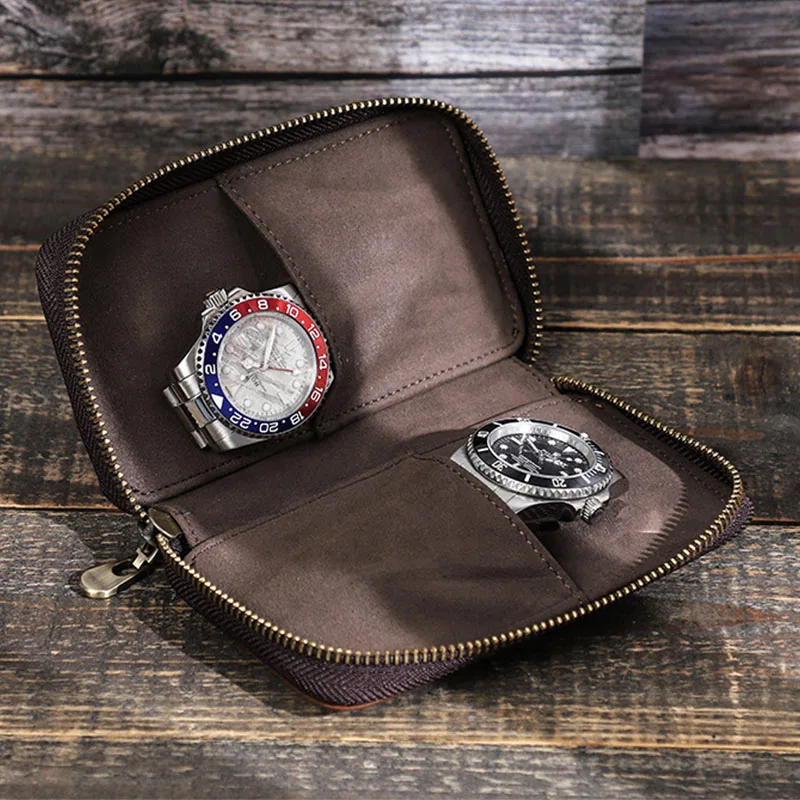 الصلبة البني خمر جلد البقر ووتش حالة 2-فتحة ووتش التخزين المنظم مع إغلاق سستة حامل الساعات المحمولة الحقيبة #1