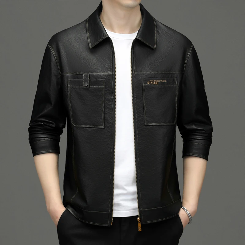 Men\'s Leather Coat Cargo Pocket Lapel Business Casual 2023 Autumn New Leather Jacket Coat