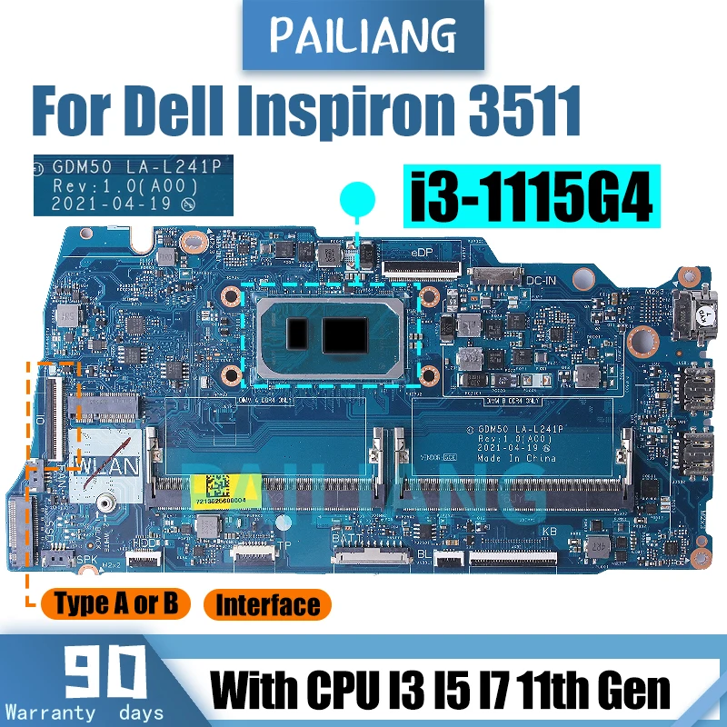 

For DELL Inspiron 3511 Laptop Motherboard LA-L241P 05PD08 0042CN 0818KM 06F315 i3 i5 i7 11th Gen Notebook Mainboard Full Tested