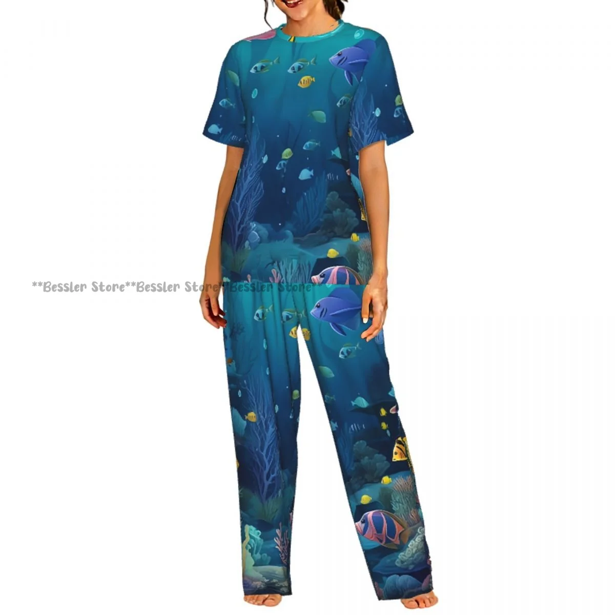 Women Pajama Sets Lounge Sleepwear Tropical Fish Underwater World Landscape Short Sleeve Nightwear