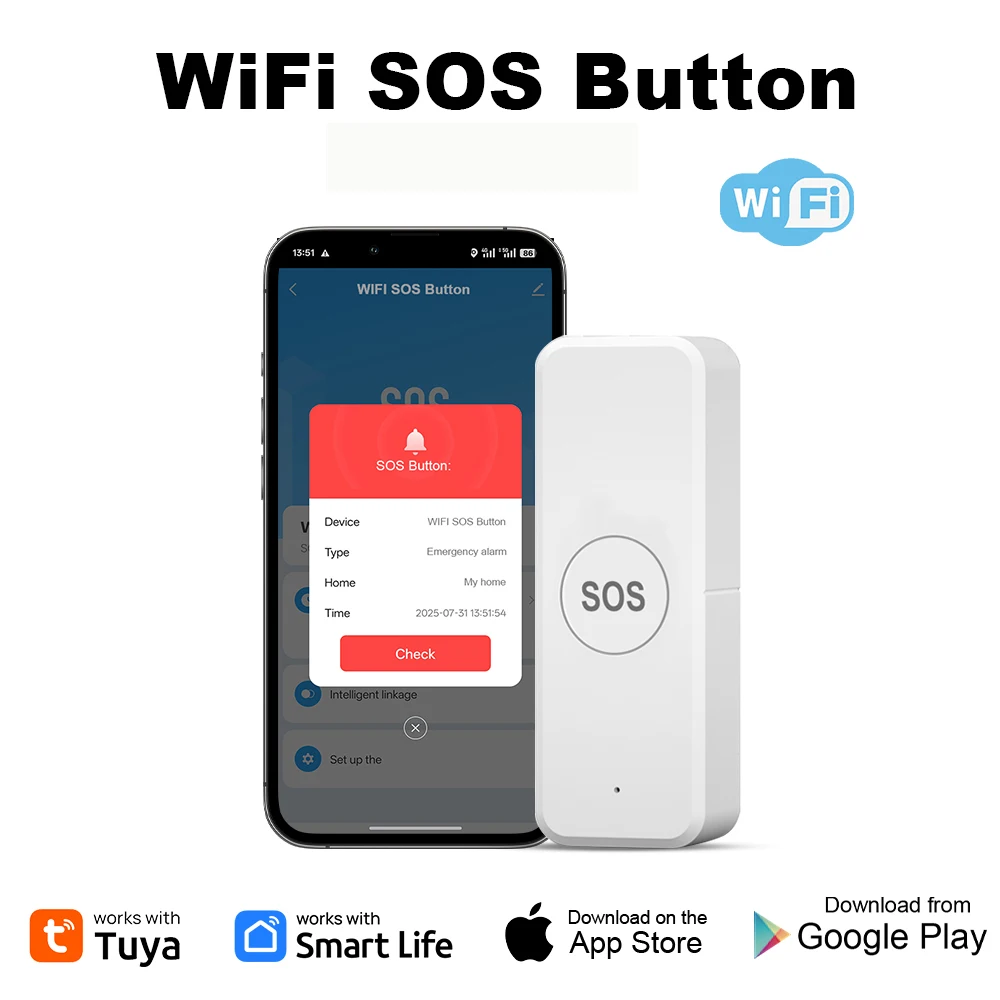 

Tuya WiFi Smart SOS Button Wireless Alarm APP Remote Control Smart Life Devices for Kids Elderly Patient