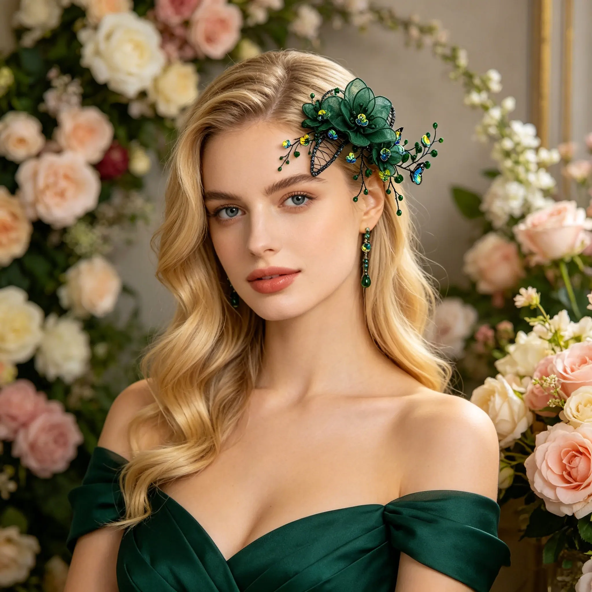 Handcrafted Emerald Organza Flower & Butterfly Hair Clip