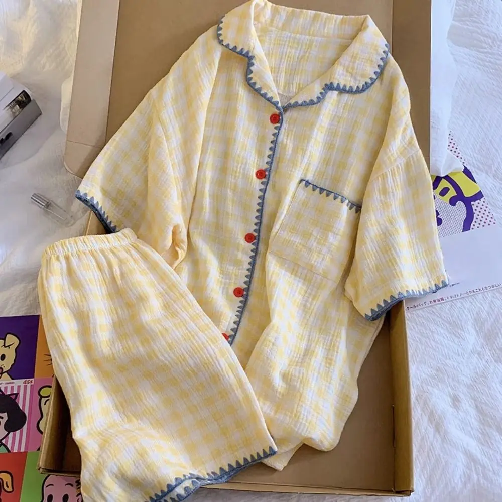 

Sweet Sweet Plaid Pajamas Set Summer Thin Loose Short Sleeve Pajamas Lattice Home Wear Shorts Sleepwear Suit Women