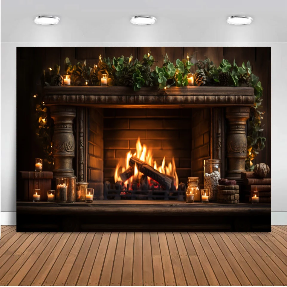 Fireplace Photo Backdrop Burning Fire Gray White Brick Wall Poster Christmas Party Home Decor Photography Background Photophone