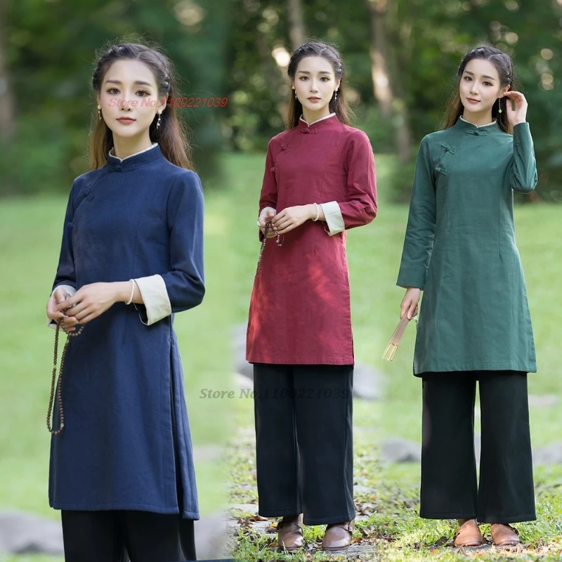 

Китайская народная блузка 2025, улучшенные топы Ципао, винтажная хлопково-льняная блузка, традиционная китайская одежда для медитации, чая дзен, одежда для обслуживания