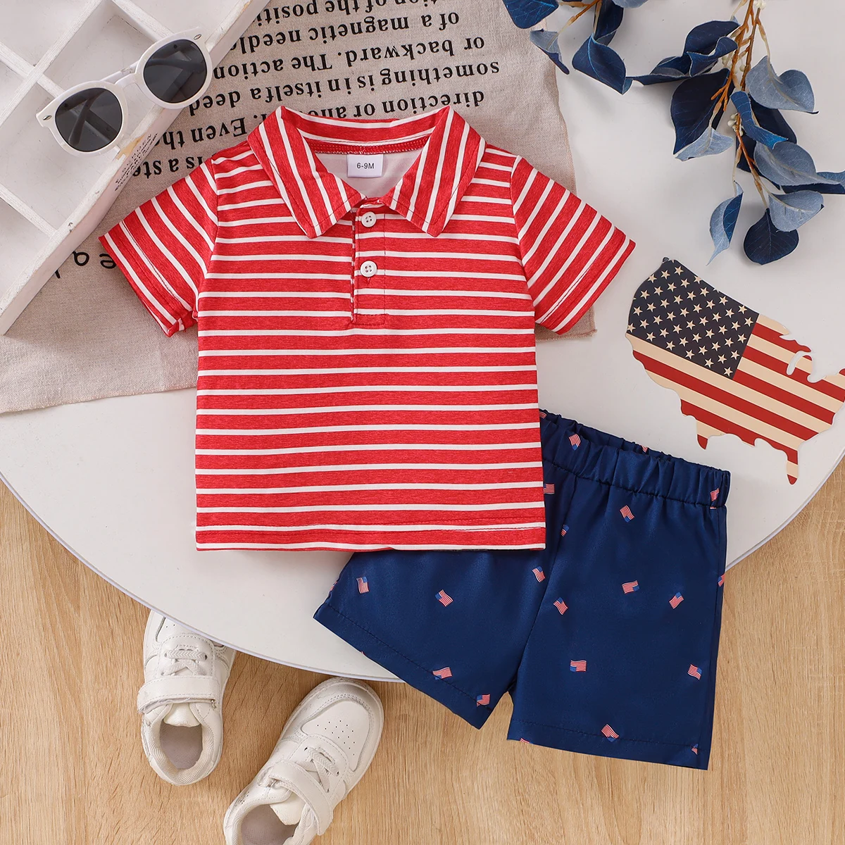 Spring Summer Cute Baby Boy Red-White Stripe Polo Short Sleeve T-Shirt & Star Print Shorts 2-Piece Set 0-4 Years: Soft Fabric