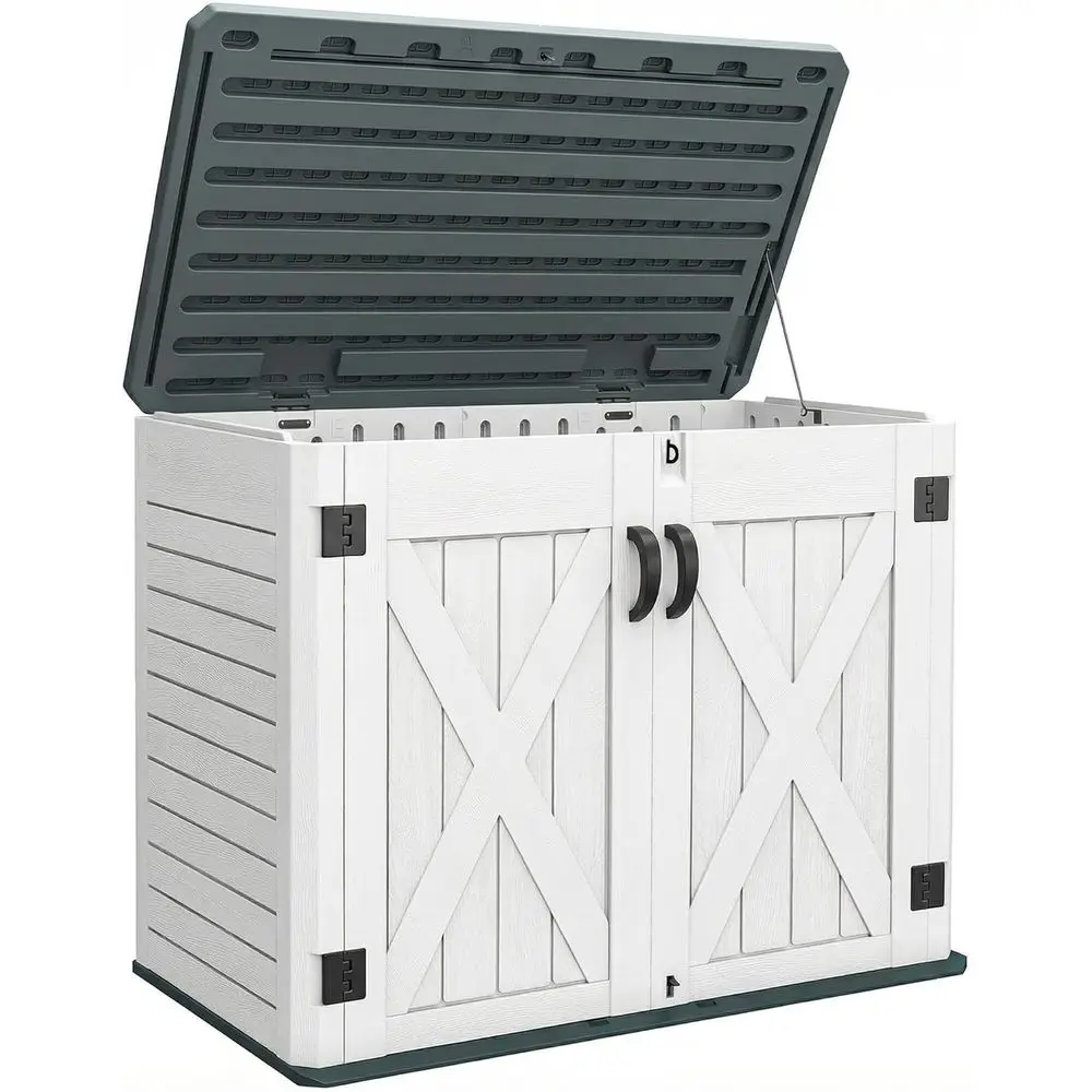 

Горизонтальный уличный сарай для хранения с запираемыми X-образными дверями, 35 куб. футов. Водостойкая смола, подходящая для велосипедов, инструментов и садового оборудования.