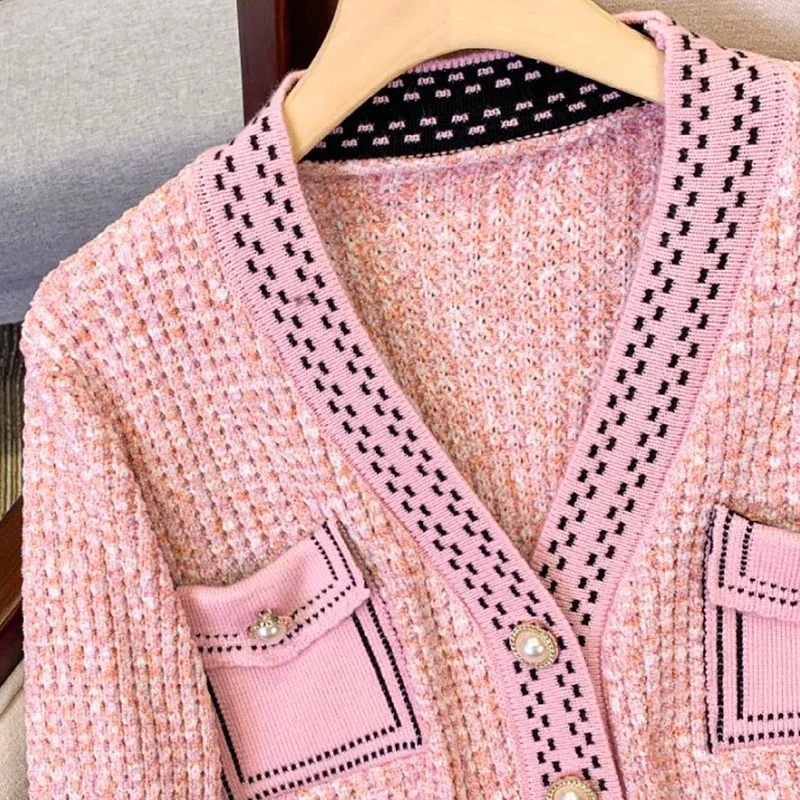 Women Fall Sweet Pearl Button V-Neck Cardigan Long Sleeve Causal Patchwork Sweaters Coat Winter Pocket Warm Overcoat Knit Jacket