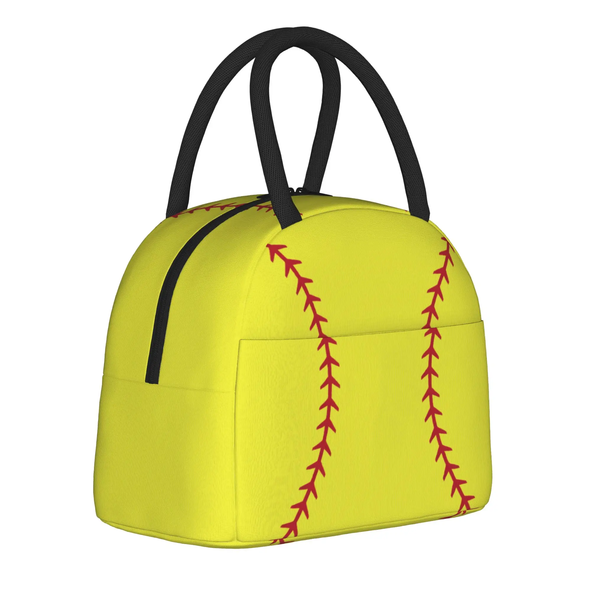 Baseball Set Red Stitching Baseball Insulated Lunch Bags Cooler Bag Reusable,Meal Container  High Capacity Tote Lunch Box