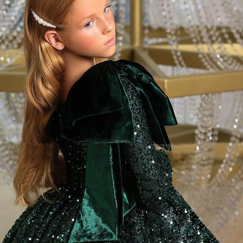 Child Girls Evening Sequins Dress for Birthday Wedding Cocktail Party Costume Green Sequins One Shoulder Long Dresses 3 12 Years