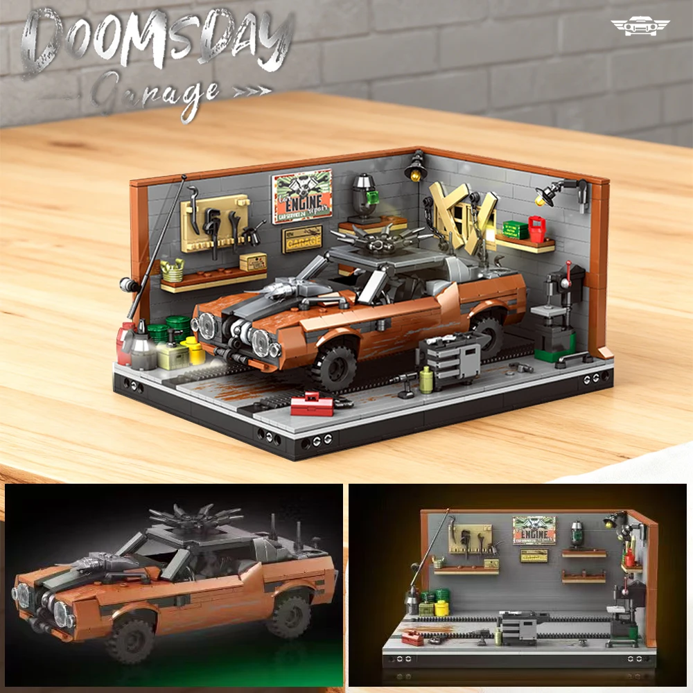 1140-delige retro garageset met stenen, automodel, gedetailleerde gereedschappen & decoratieve accessoires, creatief bureaublad ornament, kerstcadeau