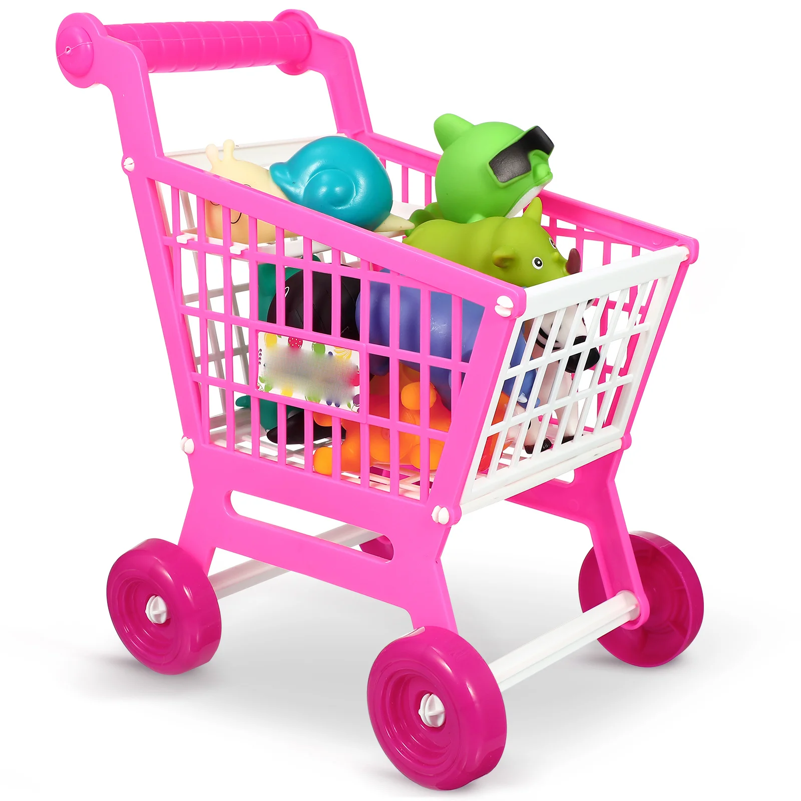 Carrinho de supermercado infantil, simulação rosa, alça suave, cesta de compras, dramatização, acessórios divertidos, carrinho de compras infantil