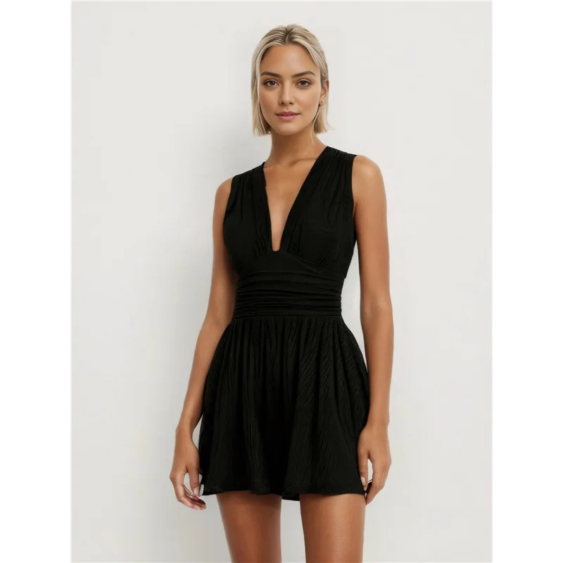 MACH-Damen-Overall mit tiefem V-Ausschnitt und Falten, sexy, tiefem Ausschnitt, Konzert-Mini-Outfit